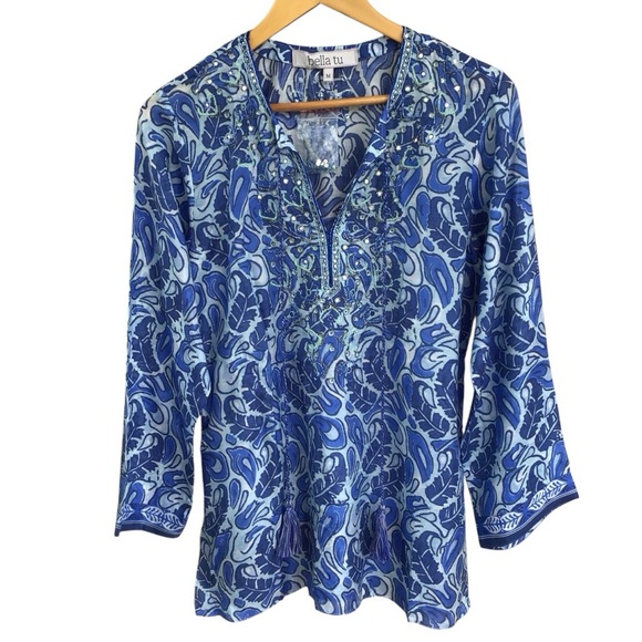 Bella Tu Abby Split- Neck Long Sleeve Tunic With Tassel Ties Beaded Trim… - Picture 10 of 16